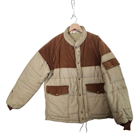 Vintage Puffer Coat Mens Sz Large Tan Brown 80s Utility Farm Ranch Western Warm - Picture 1 of 12